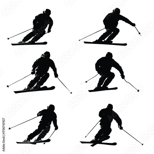 Collection of downhill skier silhouettes in action poses isolated on white background