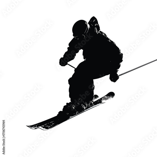 Dynamic downhill skier silhouette set in action isolated on white background