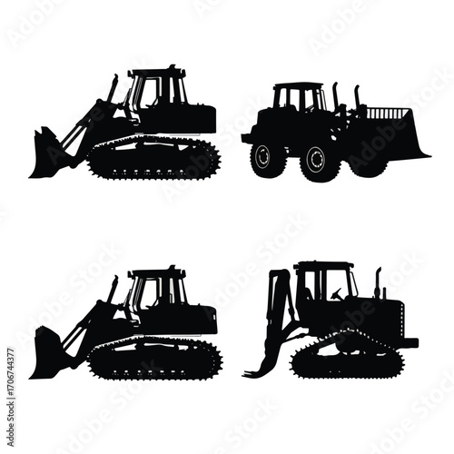 Collection of heavy construction dozer silhouettes isolated on white background