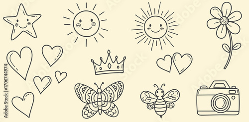 Hand Drawn Cartoon Charm Hearts Suns Stars Butterfly Crown Bee Flower and Camera Doodle Style Vector Illustration
