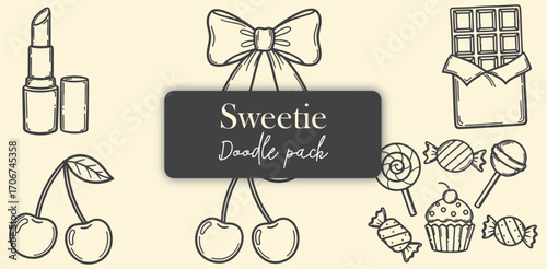 Sweet Treats Beauty Doodles Lipstick Chocolate Cherries Cupcake Candy Bows Cute Vector Illustrations for Desserts and