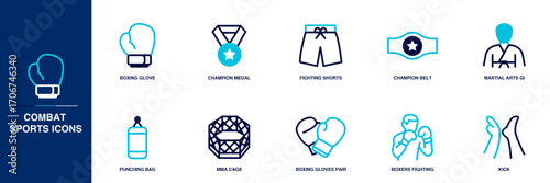 Combat Sports Blue Colored Outline Icon Set