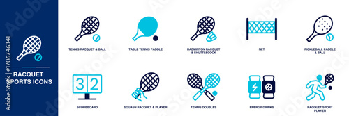 Racquet Sports Blue Colored Outline Icon Set