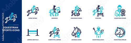 Equestrian Sports Blue Colored Outline Icon Set