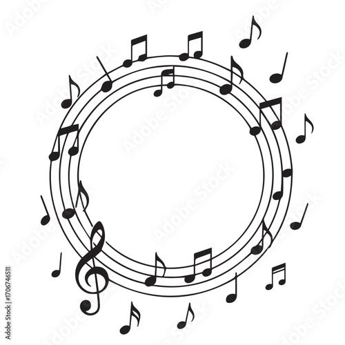 A minimalist vector artwork shows circular musical scale with notes, monochrome style with strong black outline, suitable for creative projects, banners, and layouts.