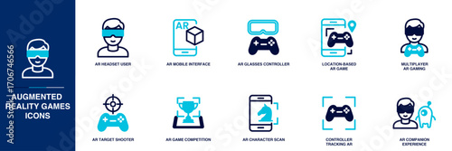 Augmented Reality Games Blue Colored Outline Icon Set
