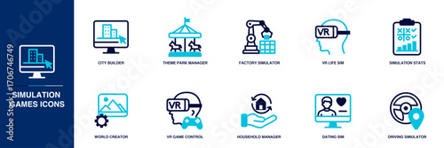 Simulation Games Blue Colored Outline Icon Set