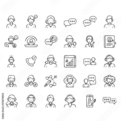 A collection of 30 line art icons representing customer service, communication, and user profiles, suitable for digital interfaces and presentations.