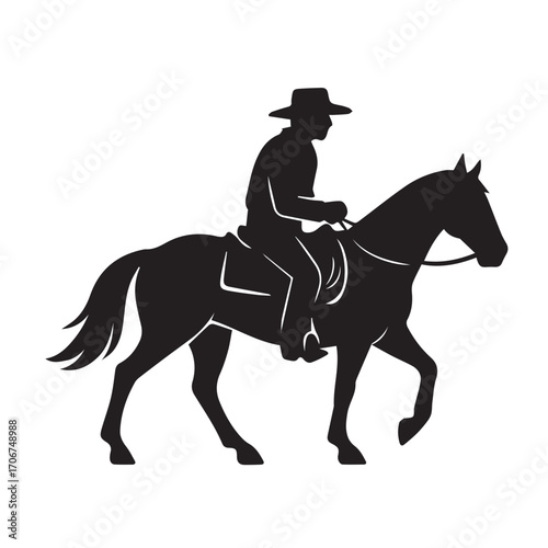 A minimalist vector illustration showing cowboy on horseback, created in monochrome style with strong black outline, ideal for logos, graphics, or vintage western concepts.