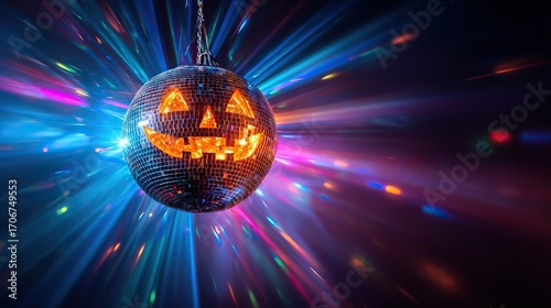Halloween jack-o'-lantern disco ball glowing with vibrant party lights, festive spooky decoration for Halloween celebration and nightclub atmosphere