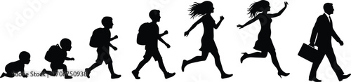Life stages silhouette evolution from baby to adult businessman, growing up concept, human development timeline vector illustration isolated