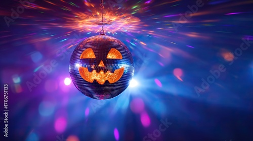 Halloween jack-o'-lantern disco ball glowing with vibrant party lights, festive spooky decoration for Halloween celebration and nightclub atmosphere