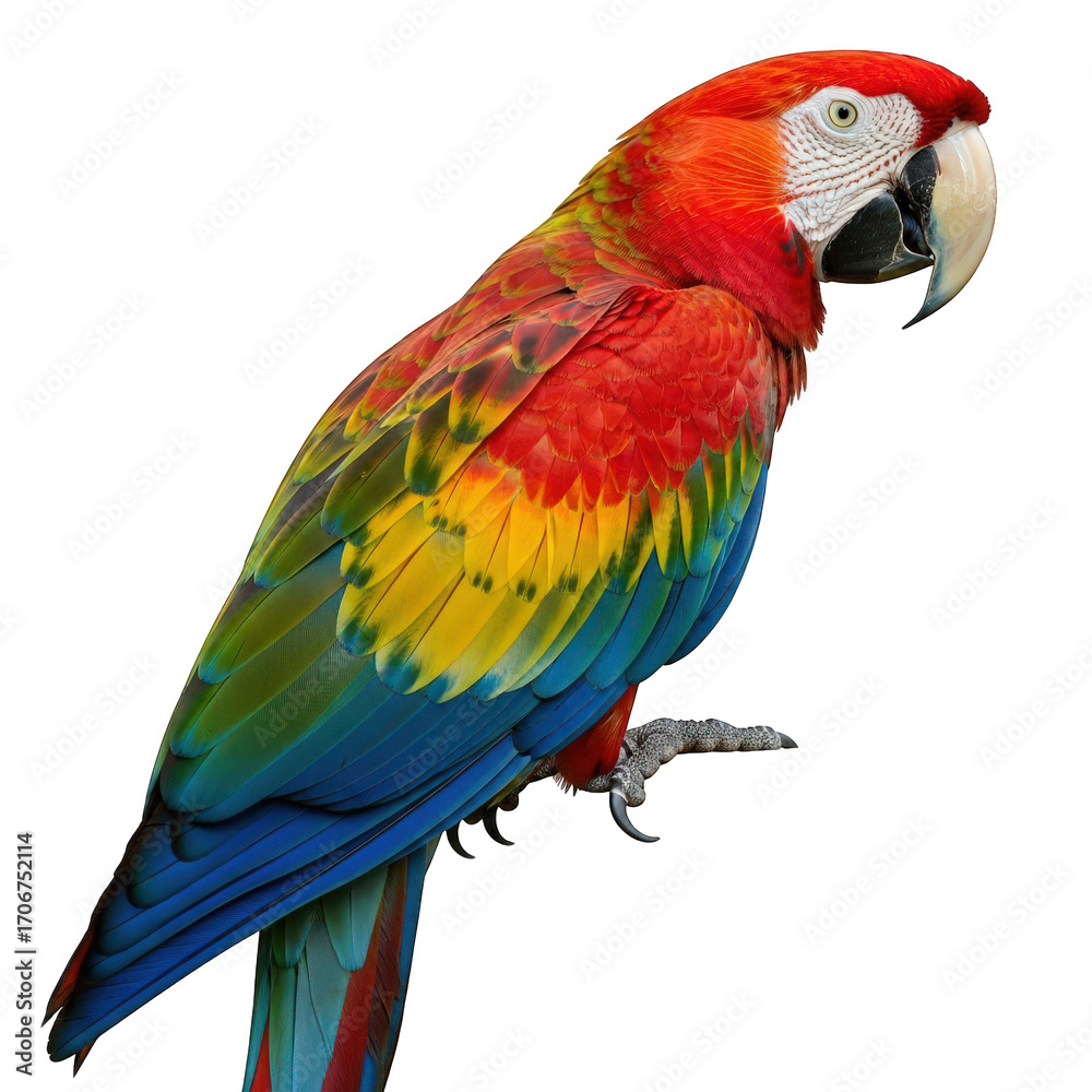 Obraz premium A Vibrant Scarlet Macaw Perched Elegantly Against a Neutral Backdrop Showcasing its Brilliant Plumage and Striking Features in Exquisite Detail and Clarity