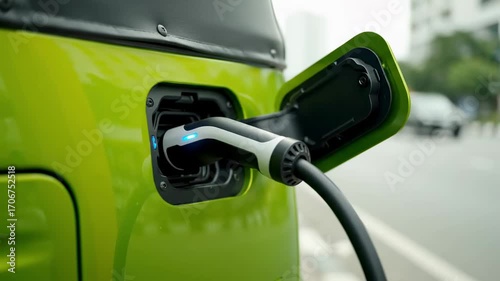 Close up electric tuk tuk charging roadside station cinematic UHD sustainable transport stock footage. eco auto recharge depot detail filmic ultra high definition green mobility