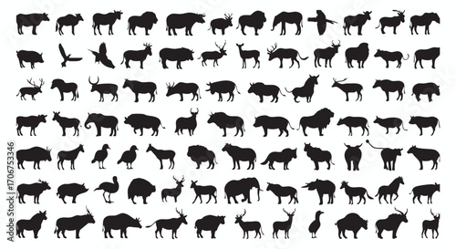 Expansive collection of diverse wild animal silhouette vector illustration, showcasing a variety of mammals and birds for engaging nature-themed graphic designs.