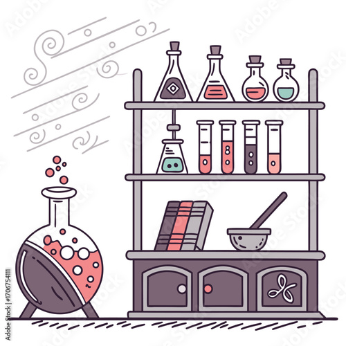 Mysterious Potion Bottles in a Laboratory