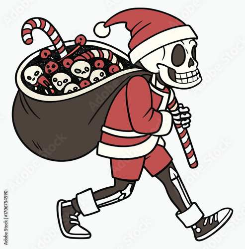 Funny Skeleton Santa Christmas T-Shirt, Spooky Skeleton in Santa Claus Outfit, Creepy Cute Skeleton Holiday Design, Dark Humor Skeleton Christmas Vector, Alternative Gothic Skeleton Santa Art