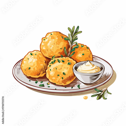 Illustration of delicious golden-fried cheese balls or potato croquettes served on a plate with a creamy dipping sauce and fresh herb garnish