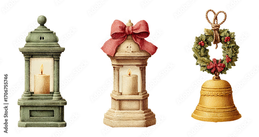 Obraz premium Decorative Lanterns and Bell with Candle and Bow for Festive Seasonal Decor