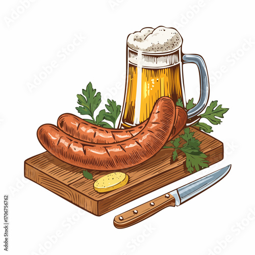 A savory composition of grilled sausages on a cutting board with a cold mug of beer, representing traditional German pub cuisine, German würstel