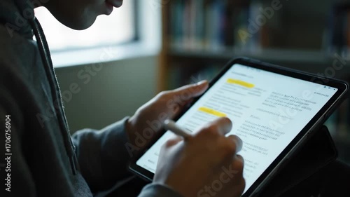 Close up university student highlighting notes ebook cinematic UHD handheld EdTech lifestyle stock footage. academy pupil marking digital textbook filmic ultra high definition portable