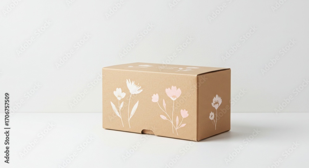 Fototapeta premium Eco-friendly packaging box with floral decoration, clean white background, minimalist stock photo