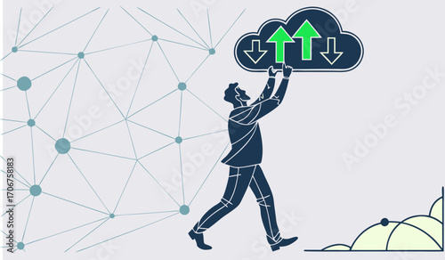 Abstract businessman holds digital cloud computing symbol, representing data transfer and connectivity in modern digital landscape