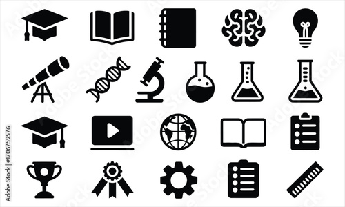 Academic and scientific black icon set symbolizes learning and discovery isolated on white