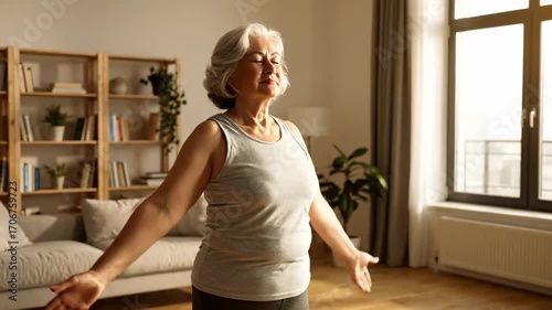 Elderly woman stretching arms morning sunlight cinematic UHD wellness active lifestyle stock footage. senior female extending limb dawn sunshine filmic ultra hd wellbeing energetic