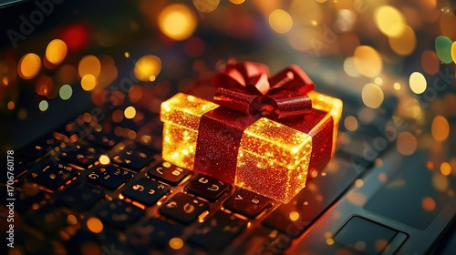 A sparkling gift box with a red ribbon sits on a laptop keyboard, surrounded by bokeh lights, symbolizing online shopping and festive celebrations