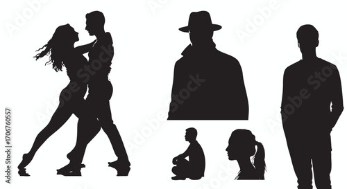 A diverse collection of human figures, including a dancing couple and individuals, presented as a black and white silhouette vector illustration set.