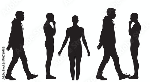 A dynamic silhouette vector illustration showing a set of diverse people in various poses including walking, standing, and thinking.