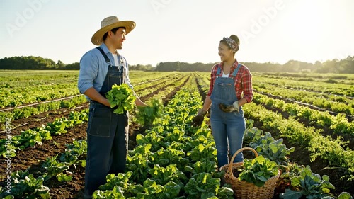 Farmers smiling while harvesting organic vegetables cinematic UHD sustainable agriculture stock video. cheerful cultivator gathering bio produce filmic ultra high definition eco