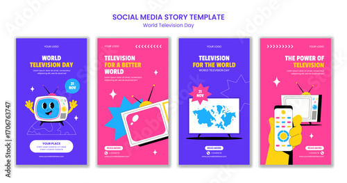 Flat Cartoon Hand Drawn Illustration of World Television Day with Social Media Stories Background
