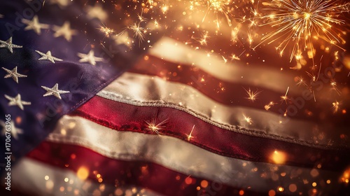 A patriotic image showcasing the american flag with vibrant fireworks illuminating the night sky, symbolizing freedom, celebration, and national pride
