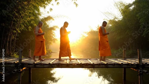 Monks crossing bamboo bridge sunrise cinematic UHD cultural spiritual lifestyle stock footage. clerics traverse cane footbridge dawn filmic ultra high definition tradition belief