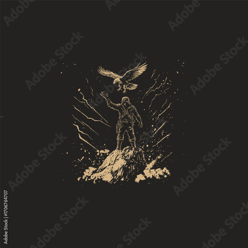 vector illustration in a dark, vintage engraving style, featuring a heroic warrior or ranger standing triumphantly on a rugged mountain peak as an eagle flies by amidst stormy weather and lightning