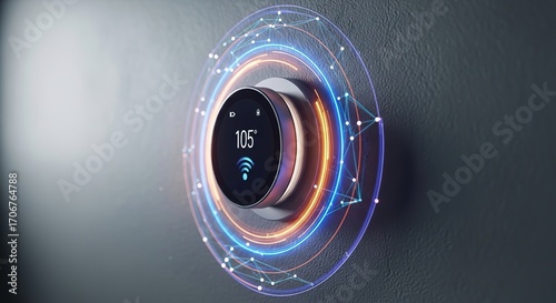 Modern smart thermostat displaying temperature with connected home automation technology interface