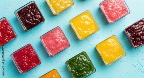 Overhead view of colorful fruit purees in small glass bowls arranged on a blue textured surface