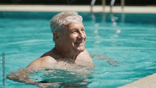 Senior smiling while swimming slowly pool cinematic UHD active wellness lifestyle stock footage. aged person joy aquatic leisure ultra high definition wellbeing existence