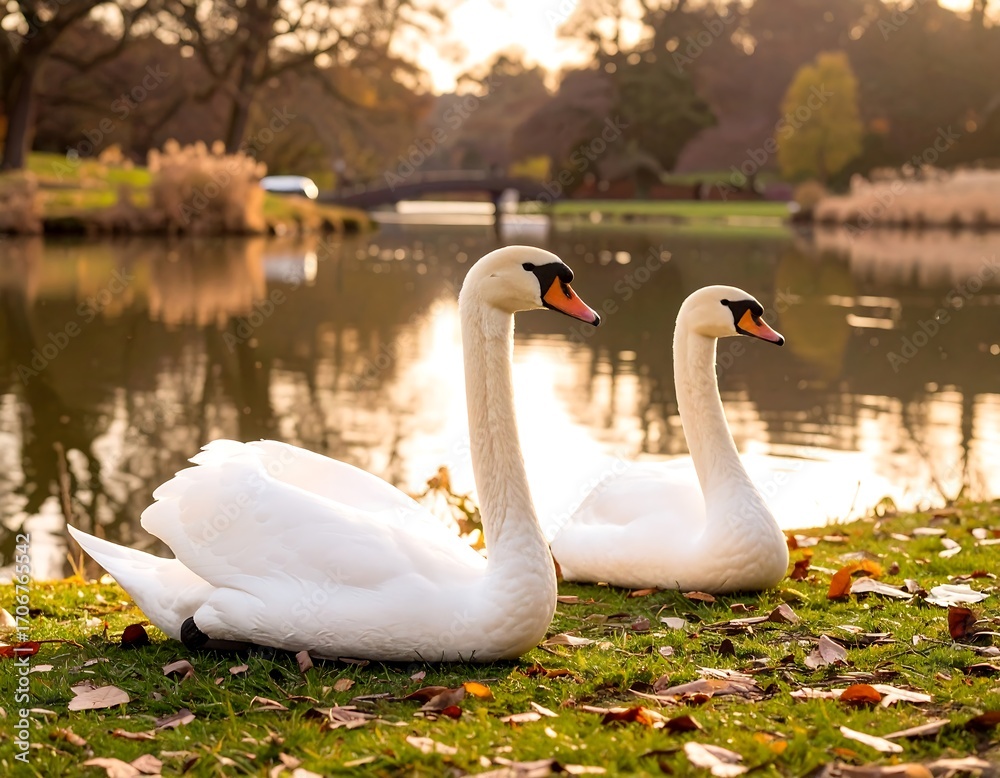Obraz premium Two swans by a pond in autumn light