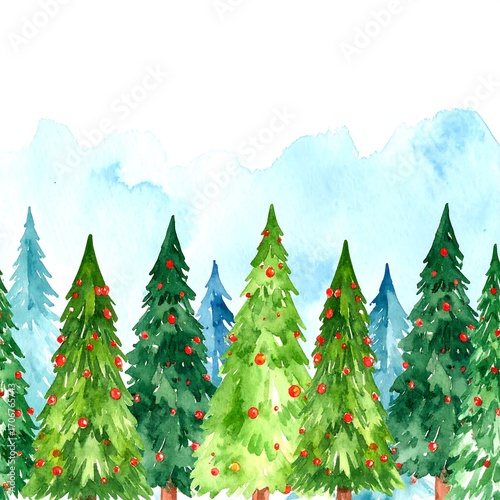 Watercolor Christmas Trees in a Snowy Forest
