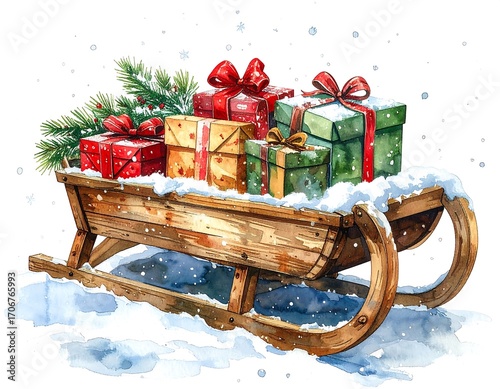 Watercolor Christmas sleigh with gifts