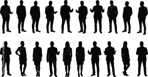 Silhouettes of Businessmen and Businesswomen in Various Standing, Talking, and Posing Gestures for Corporate and Professional Design Use