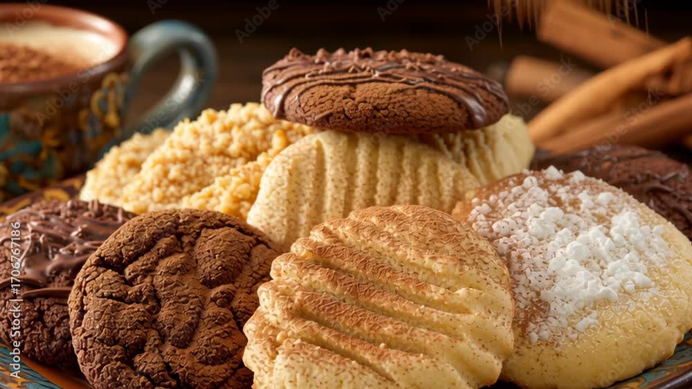 Snowman with hot chocolate and cookies concept. A decorative plate of assorted cookies with a cozy cup of hot chocolate in the background.