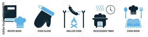 Set of cooking icon vector. Perfect for menus, food blogs, and kitchen themes. A versatile collection of simple, recognizable symbols representing various cooking activities and tools.