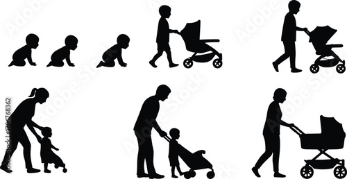 Silhouettes of Child Development and Parenting with Strollers – Crawling, Walking, and Growing Up Vector Illustration for Baby Care Concepts