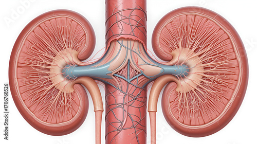 Renal denervation illustration. RDN treatment for hypertension. Renal artery cross section view