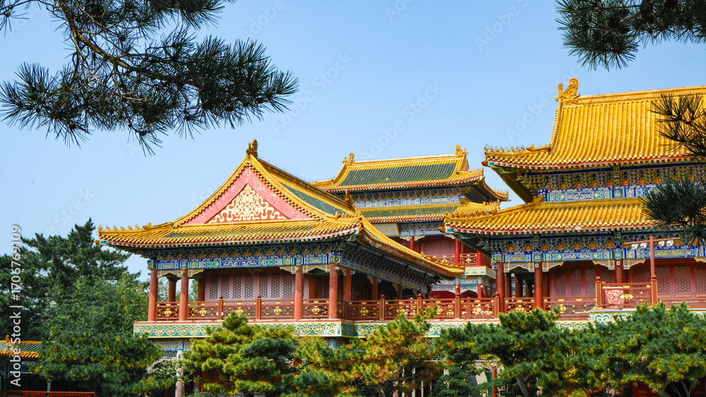 Naklejka premium Traditional Chinese temple in Penglai, Shandong, with red pillars, golden roofs, and ornate details, surrounded by lush greenery and a serene natural setting.