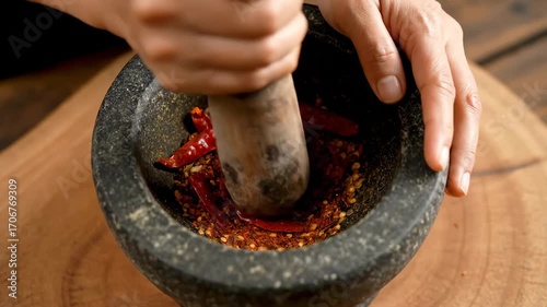 Woman grinding spices mortar pestle cinematic UHD handheld cultural lifestyle food stock video. female pulverizing seasoning tool filmic ultra high definition portable ethnic